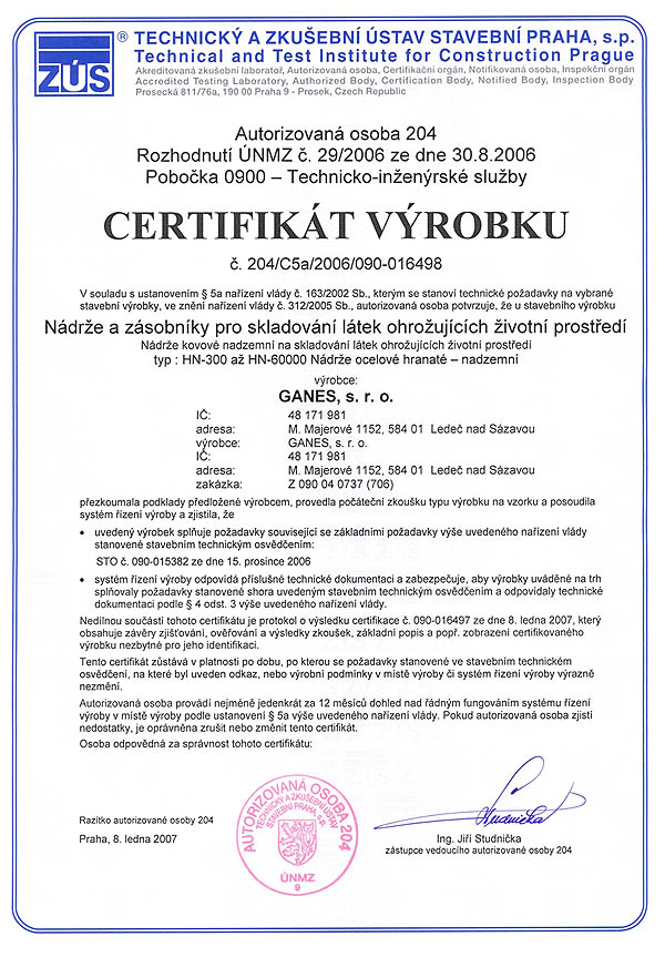 Certifikát výrobku